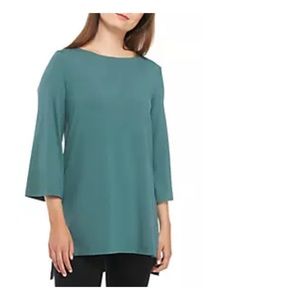 Eileen Fisher Tunic Top Womens Small Petite Wide Neck Flare Sleeve Green
